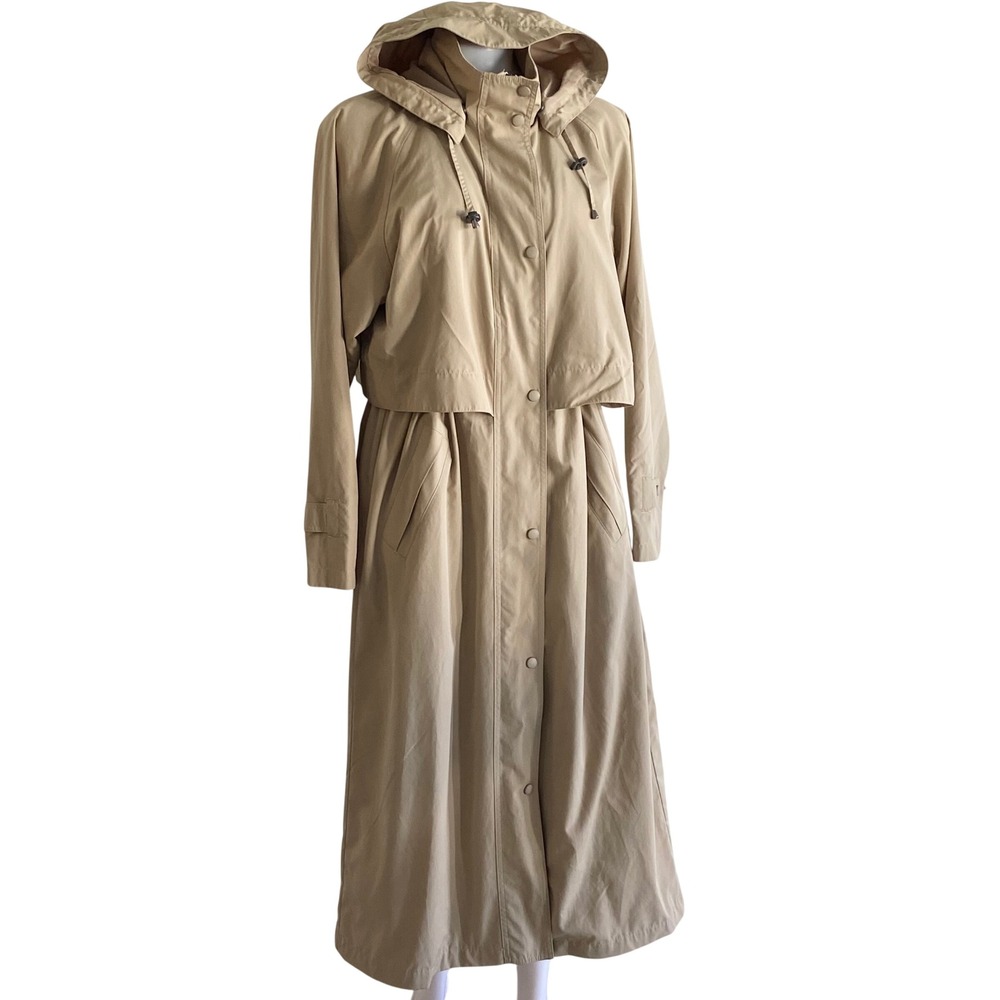 LL Bean Womens Khaki Tan Long Hooded Trench Coat Rain Jacket Medium HN93